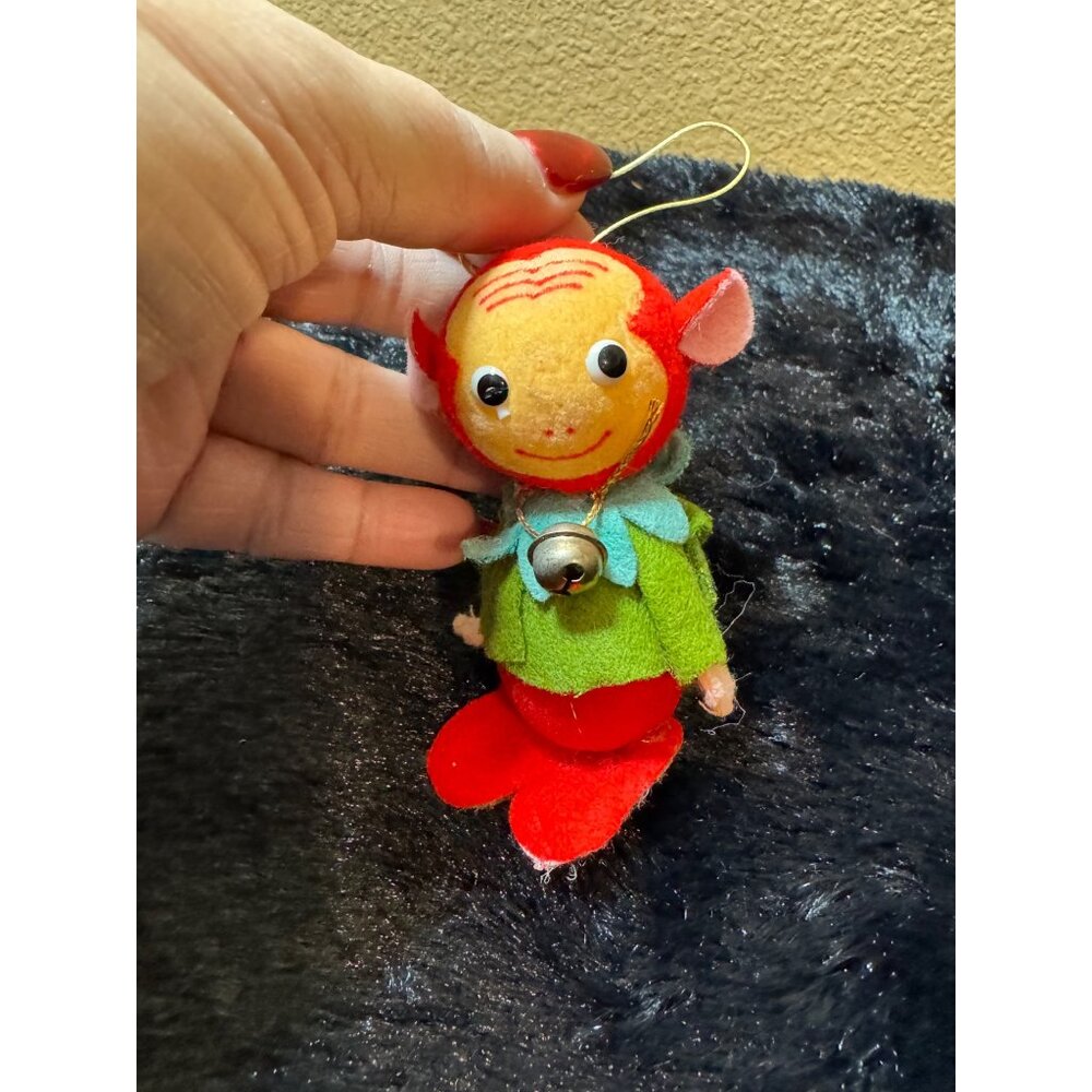 Vintage Japanese Monkey Ornament With Bell & Green Outfit By Lee Ward Flocked